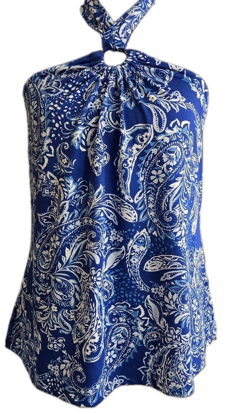 CeCe Woman Blue White Floral Tie-Neck Sleeveless Tank Sz M New COQUETTE COTTAGE